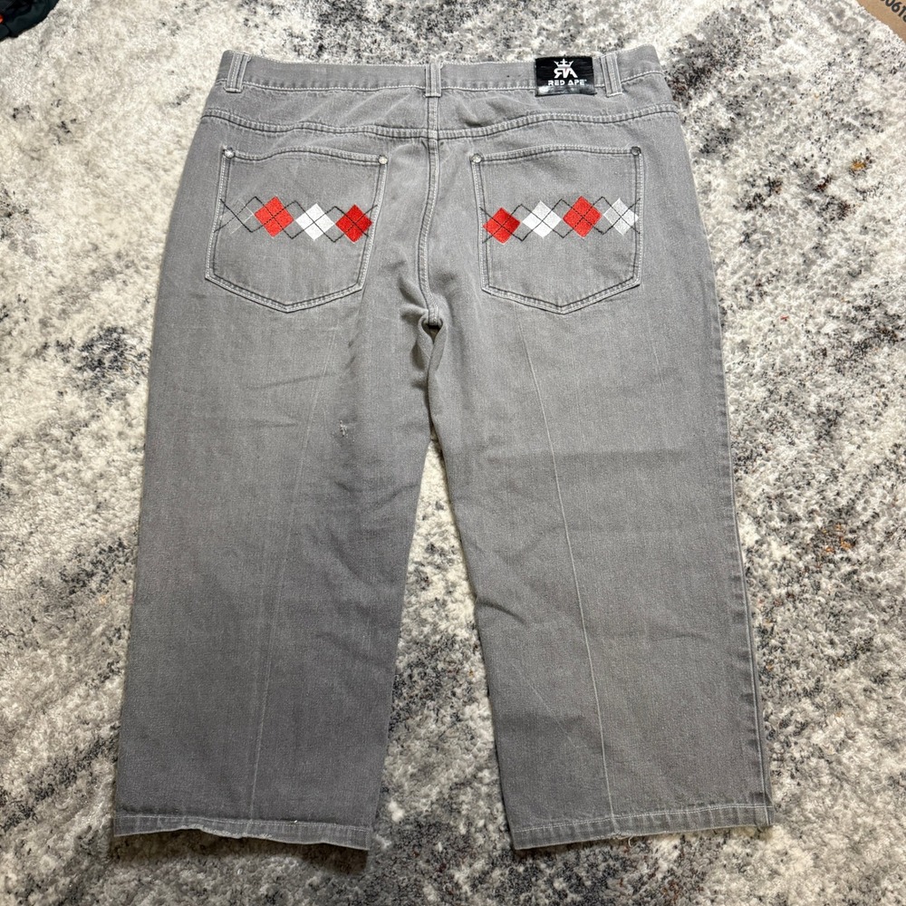 Red Ape Mens Gray Denim‎ Argyle Embroidered Shorts Y2K Streetwear 48x32